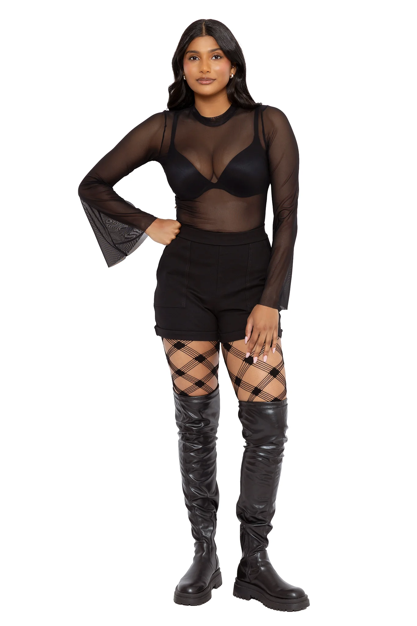 Black Sheer Long Flare Sleeve Top - Image 3